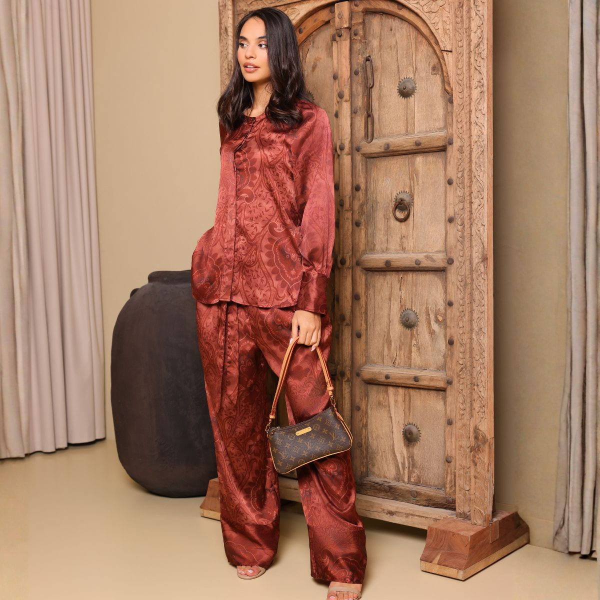 Printed Satin Long Sleeve Top