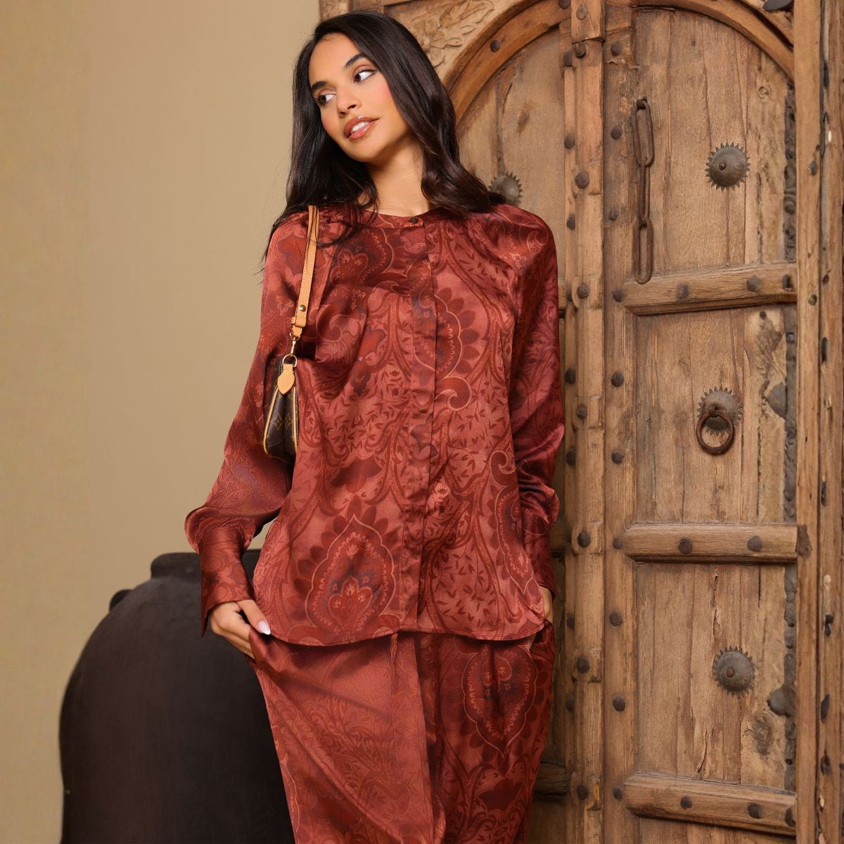 Printed Satin Long Sleeve Top