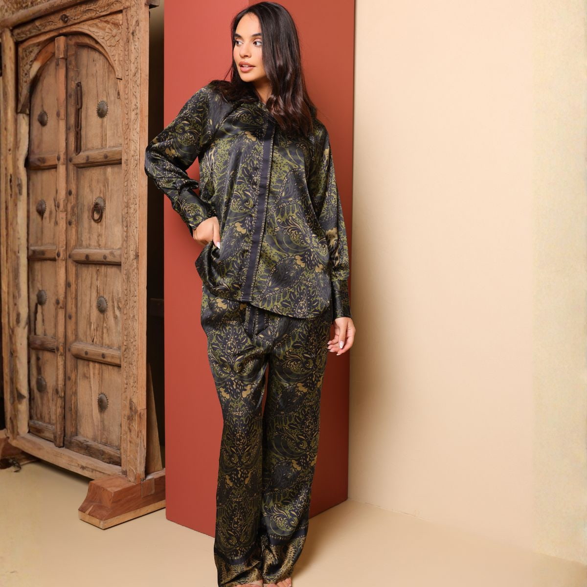 Printed Satin Long Sleeve Top