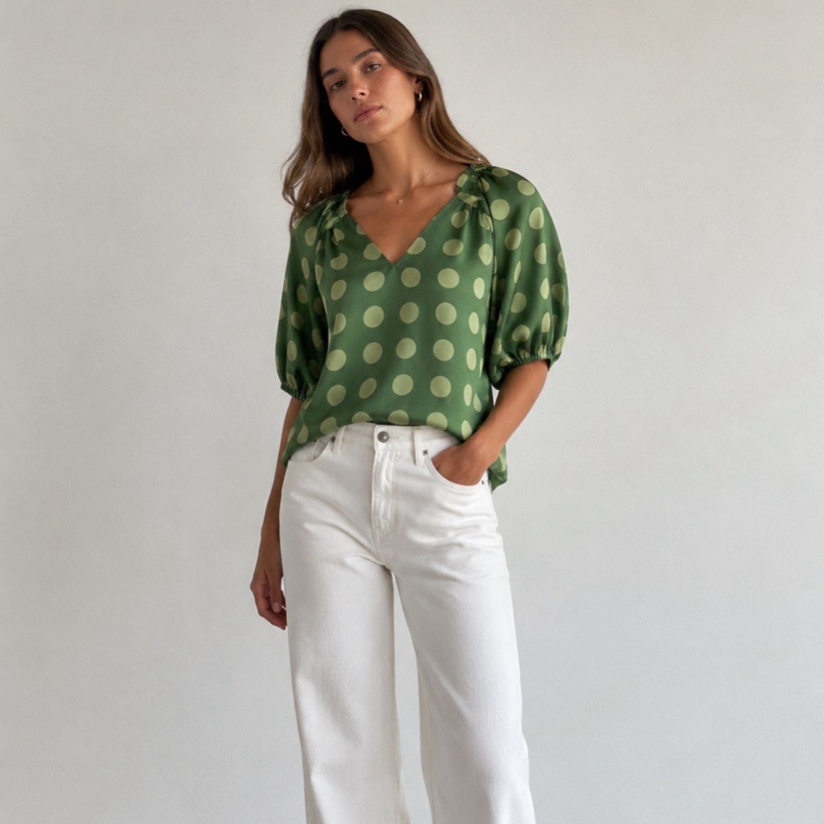 Green Polkadot Balloon Sleeve top